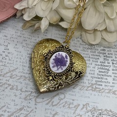 Gold Heart Locket Birthday Anniversary Wedding Purple White Rose Cameo Necklace