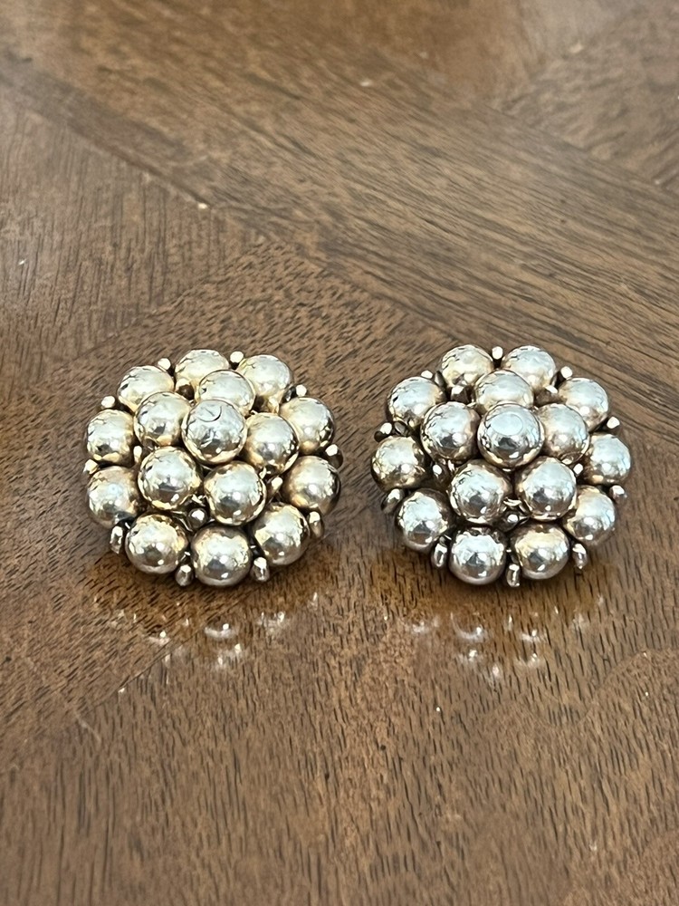 Vintage Marvella Earrings Gold Tone Round Beaded Cluster Clip Ons Signed!