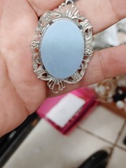 Oval Cameo Pendant Necklace Blue & White Cameo on a Sterling Chain