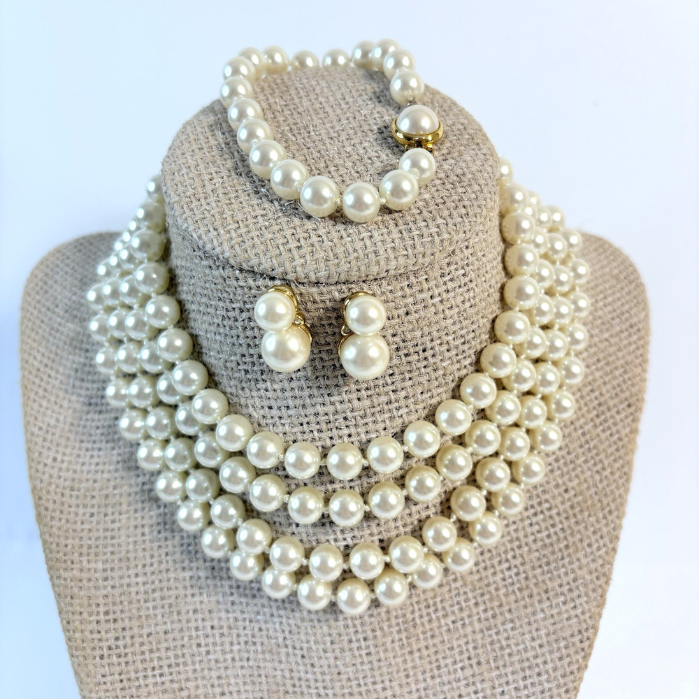 Vintage Carolee 3 Piece Set Necklace Bracelet & Earrings Faux Pearl Multi Strand