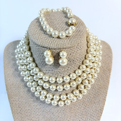 Vintage Carolee 3 Piece Set Necklace Bracelet & Earrings Faux Pearl Multi Strand