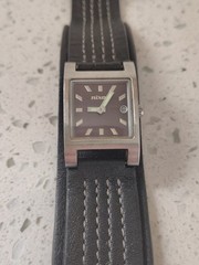 Nixon Trixie Watch – Black leather band w/rectangular silver analog date case