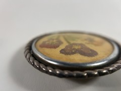 Antique Victorian Embroidered Silk Pansy Brooch Glass Dome Silver Tone Rope