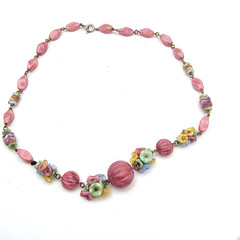 Art Deco Pink Satin Flower Melon Molded Glass Beaded 16.5″ Antique Necklace