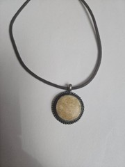 Vintage Black Leather Cord Necklace with Round Beige Stone Pendant.