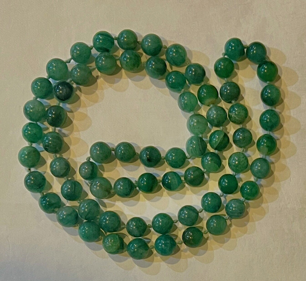 Vintage Green Gem 10 mm Beads 31 inch Necklace Hand Knotted