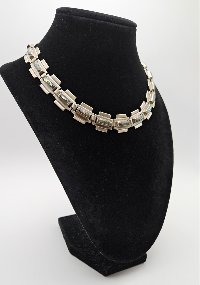 925 Vintage Taxco Abalone Necklace 15.5 Inches Sterling Silver Signed J.C