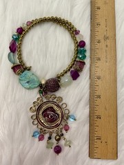 Vintage Statement Jewelry Set Gold Tone Purple Teal Beaded Necklace Earrings