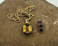 2 Ps Pedant 14K Yellow Gold Emerald Cut Citrine/Amethyst Chain Necklace 9.6 gr