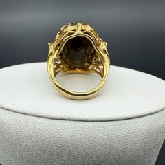 18K HGE Gold Tone Oval Faceted Brown Smoky Quartz Ornate Cocktail Ring Sz 4.75