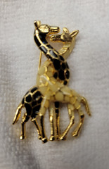 Vintage Gold Tone Black Cream Enamel Intertwined Giraffes Brooch Pin