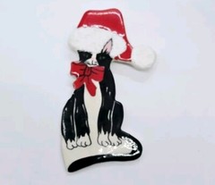 Christmas CAT Brooch Kitty Cat Pin Ceramic Large Holiday Jewelry 3.5 in