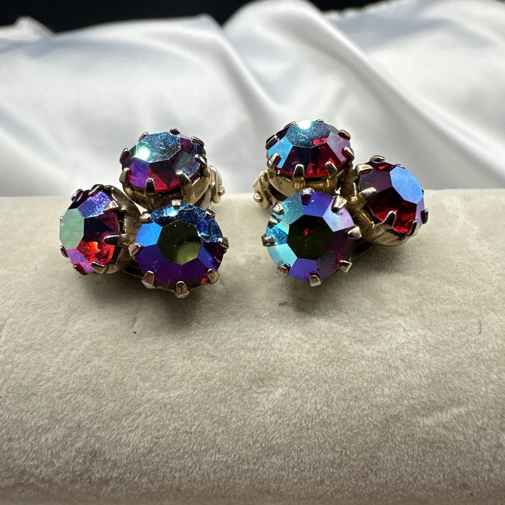 Vintage WEISS Red Aurora Borealis Clip on Earrings. See pics.