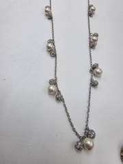 Ann Taylor Silver Tone Faux Pearl & Crystal Station Necklace 32″ Long
