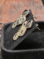 Vtg Art Deco Geometri Sterling Silver 925 Marcasite & Black Onyx Pierce Earrings