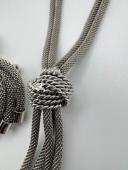 Vintage Mesh Necklace Earring Set Tassel Silver Tone Knot Lariat Clip On