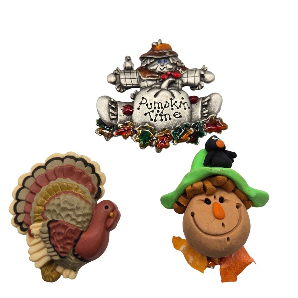 Thanksgiving 3PC Brooch Set Turkey Scarecrow Autumn Fall Polymer Clay Cute Fun