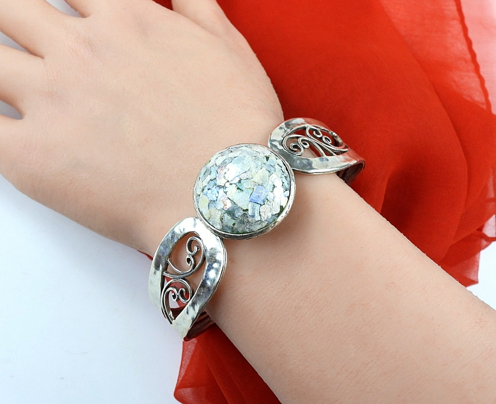 Vintage PAZ Israel 925 Sterling Silver Cuff Bracelet Roman Glass Scroll Jewelry
