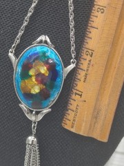 Celebrity Vintage Foil Enamel Pendant Necklace Tassel Silver Tone 32″