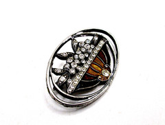 Vintage Pierre Bex French Brooch Pin Enamel Rhinestone Art Deco Trombone Clasp