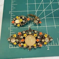 Vintage ART Arthur Pepper Enamel Floral Clip Earrings & Brooch Moonstone Glass