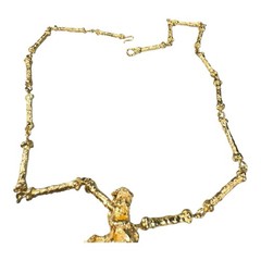 Vintage Brutalist Gold-Tone Necklace Organic Twig Chain w/ Green Stone Pendant