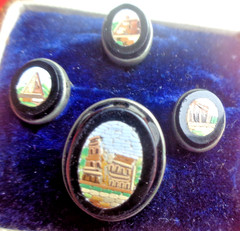 Micro Mosaic Booch & Collar Stud Button Set Italian Victorian Antique c1880s