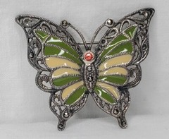 Vintage Sterling Silver Butterfly Brooch Green Yellow Enamel Wings Figural Pin