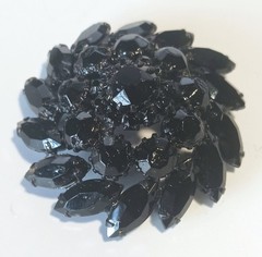 Vintage Japanned Domed Round Black Glass Stone Brooch w Swirl Outer Edge 2″