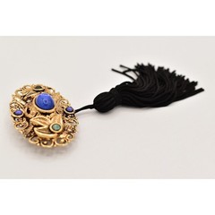 Vintage Cabochon Tassel Pin Brooch Lightweight Antiqued Gold Blue Black BinBG