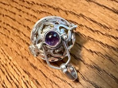 Vintage Brass Harmony Ball Swirled Silver Cage Angel Chime Purple Stone Pendant