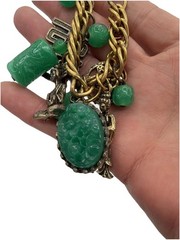 Vintage Gold Tone FOB Bracelet Green Carved Stone Jade‑Style Charms Asian Motif