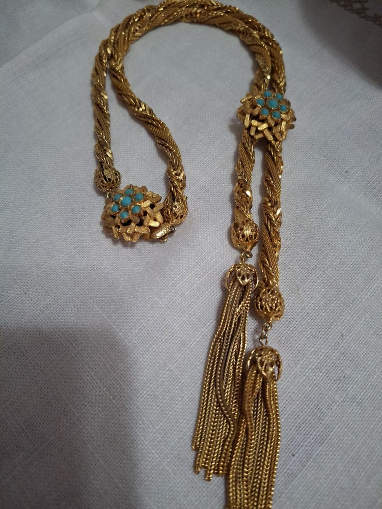 Vintage Ornate Gold Lariat Twisted Necklace With Turquoise Station & Clasp