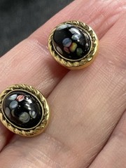 Vintage Colorful Black Lucite Cabochon Gold Tone Metal Earrings