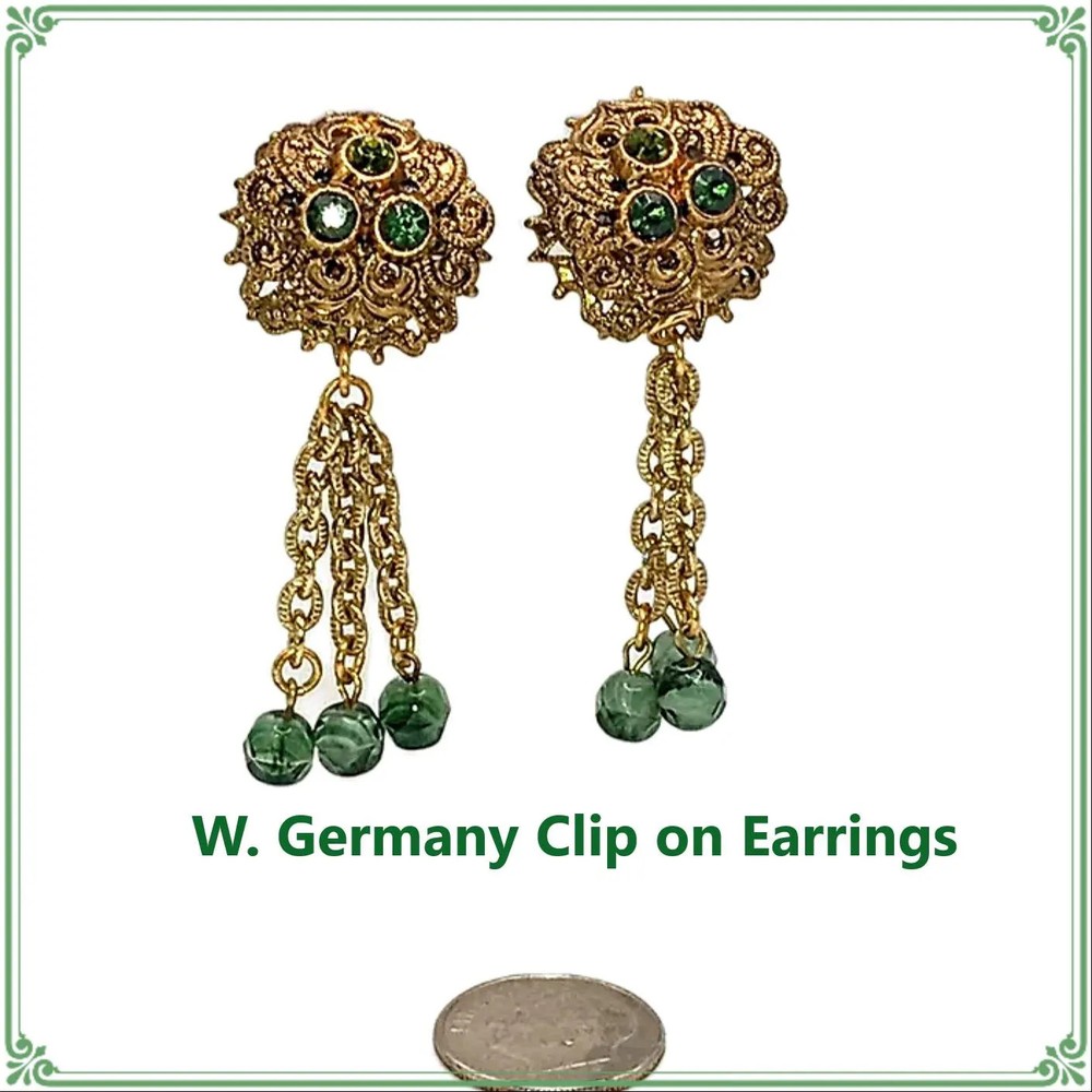 Vintage Filigree and Rhinestone Dangle Earrings W. Germany