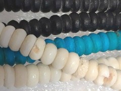 Vintage, Blue, off-white, black, handcrafted chunky beaded necklace.