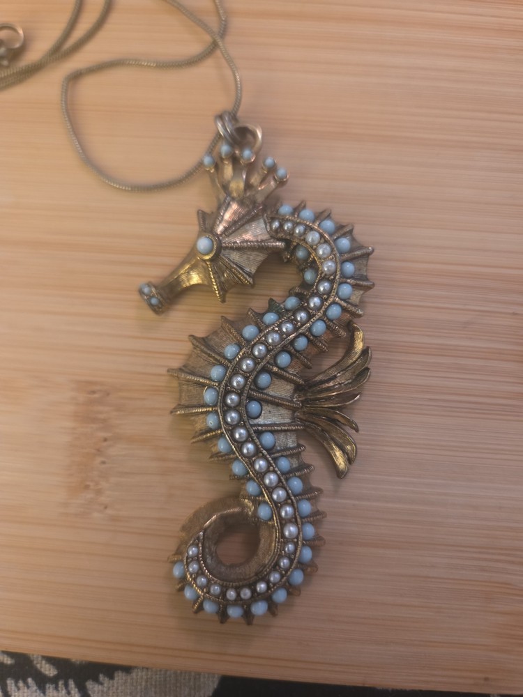 Vtg Hattie Carnegie Figural Seahorse Pendant Necklace Turquoise Bead Rhinestones