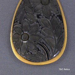 Vintage Carved Bakelite Black Floral Scarf Clip Gold Tone Frame Hinged Retro