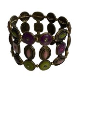 Vintage Stretch Bracelet Purple Pink Green Enamel Rhinestone Panel Cuff Boho