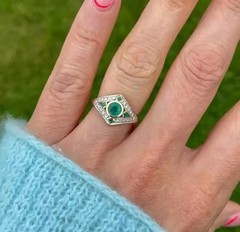 Art Deco Vintage Round Cut Lab Created Emerald & Diamond Wedding 925 Silver Ring