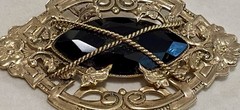 Reminiscence Brooch France, 3 1/8” Long x 2” Tall ~ Gold Tone ~ Black Onyx Stone