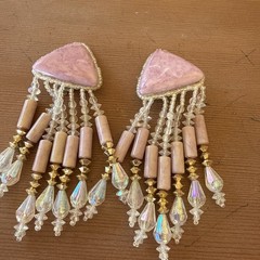 Big Large Beaded Dangle Drop Clip On Earrings Pink