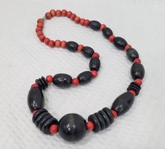Vintage 1970s Boho Ethnic Tribal Chunky Red and Black Wooden Geo Bead Necklace