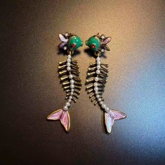 Vintage-style enamel fish head and bone long drop earrings