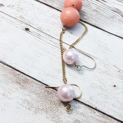 Vintage Earrings For Pierced Ears – Long Pink/Peach Faux Pearl Dangle