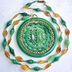 Rare Vintage Large Faux Jade LUCITE Medallion Pendant Necklace Carved—Hong Kong