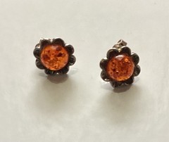 Vintage 925 Sterling Silver Baltic Amber Flower Petal Stud Post Earrings Cognac