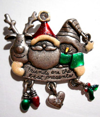 AJMC Pewter Christmas Pin Brooch Enamel Articulated Dangles FRIENDS Santa
