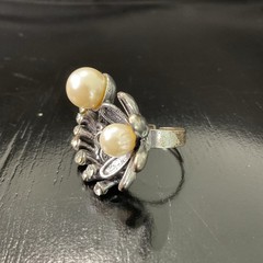 Vintage Adjustable Rhinestone, Pearl & Silver Tone Cocktail Ring, Statement EUC