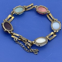 Vintage Pastel Cabochon Link Bracelet Pink Blue Purple Silver Tone 7.5”